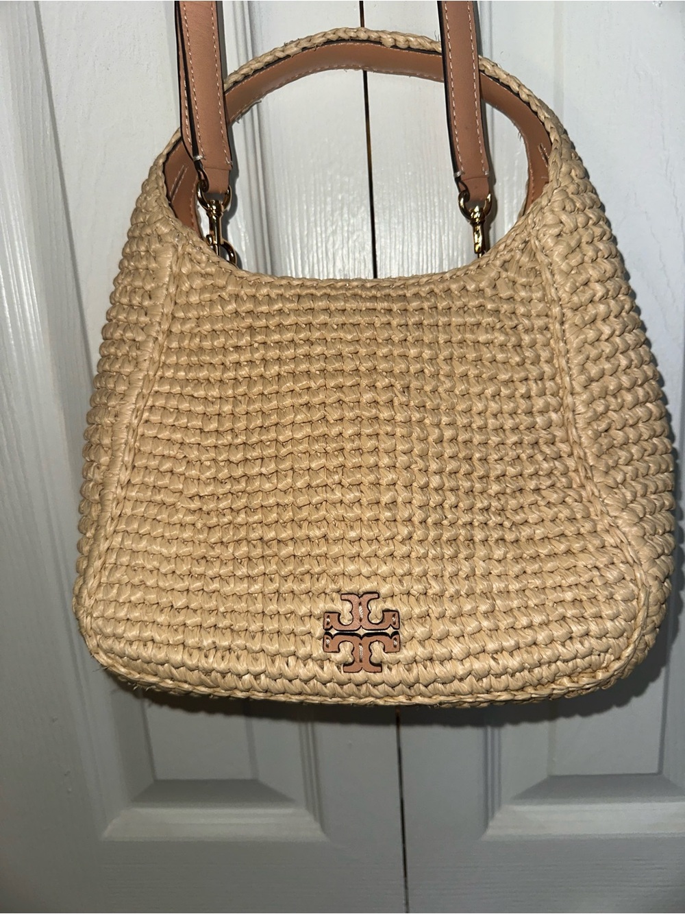 Tory Burch Beige Woven Straw Shoulder Bag with Tan Leather Strap - Picture 8 of 12